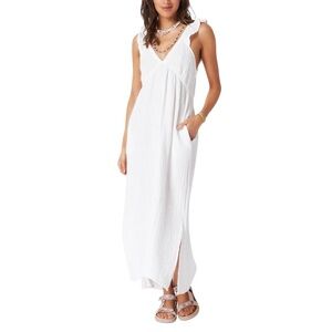 XiRENA Leyla White Gauzy V-Neck Sleeveless Midi Maxi Dress LARGE with pockets